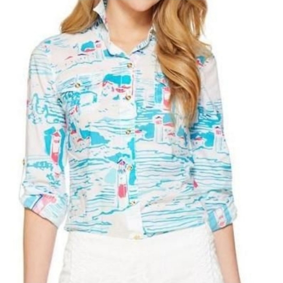 Lilly Pulitzer, Cruiser Botton-down Shirt, Watch Out Lighthouse‎ Print, Size 4 - Picture 2 of 10